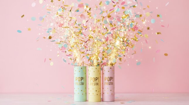 Party confetti poppers exploding with gold glitter on pink background