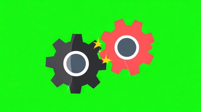 Animated spinning gears cogwheels mechanism on green screen