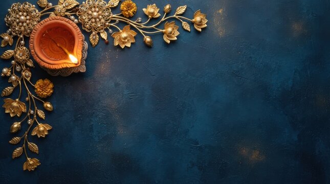 Traditional clay diya lamp with golden floral decorations on blue background
