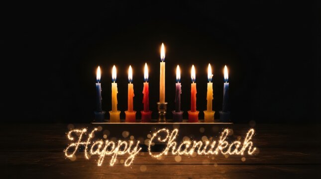 Happy Chanukah greeting with menorah candles glowing in the dark
