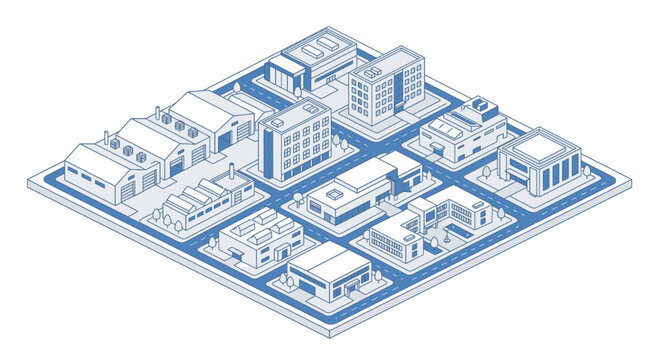 Comprehensive isometric city diagram showcases a dense urban area with a variety of commercial, industrial, and residential structures arranged in a grid pattern with interconnecting roads, presented.