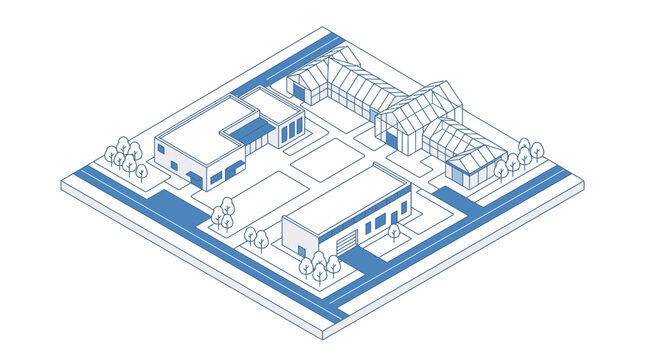Isometric illustration depicts a blue and white agricultural farm with various greenhouses, barns, and fields, connected by pathways within a rural setting.