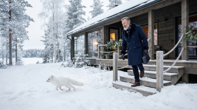 Winter's Embrace: A distinguished gentleman steps out onto the snow-covered porch of his rustic cabin as a pristine white arctic fox pauses in the snow-laden landscape.