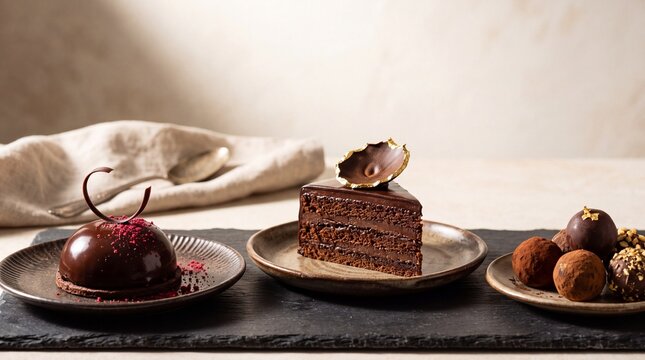 Luxurious chocolate desserts for National Dessert Month featuring a glazed mousse dome slice of layered cake and gourmet truffles on dark plates