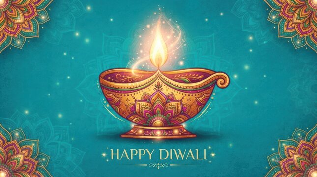 Traditional decorated diya lamp glowing on turquoise mandala backdrop