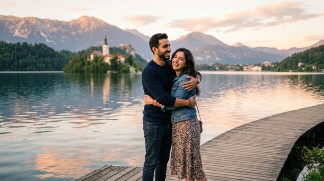 Romantic Escape to Lake Bled: A couple embraces on a wooden pier, with the picturesque island church and Julian Alps providing a breathtaking backdrop.