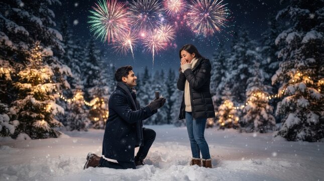 Winter Proposal Under Fireworks: A heartfelt proposal unfolds in a snowy winter wonderland as a man kneels with a ring to his partner, amidst twinkling lights and a dazzling fireworks display.