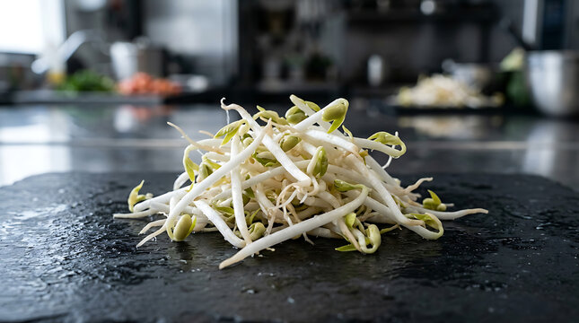Fresh Mung Bean Sprouts Pile on Slate, Kitchen Background