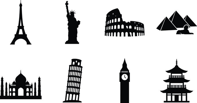 Black silhouettes of famous world landmarks and global travel destination monuments vector icon set isolated on white