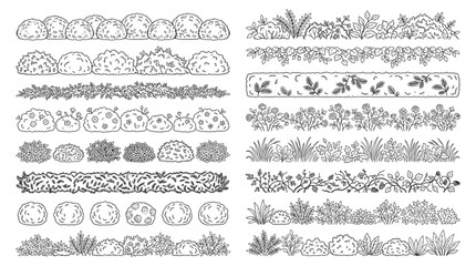 Fototapeta premium Set of hand drawn garden bushes and hedges, decorative border elements for landscape design, sketch style vector illustration