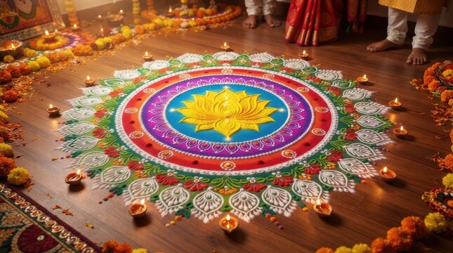 Intricate rangoli floor art with lotus motif lit