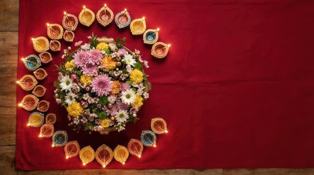 Diwali festival flat lay with colorful oil lamps and flower arrangement