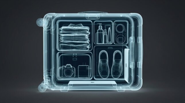 Futuristic x-ray luggage scan showing packed suitcase, glowing blue security bag check concept, modern travel inspection background
