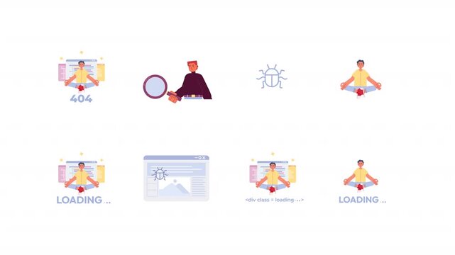 Website debugging and developer meditation loading cartoon animation pack. Bugs detection. 404 error programmer patience animated flat 4K video collection isolated on transparent background