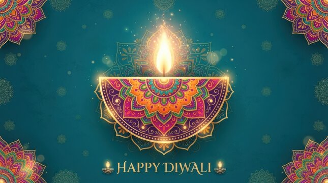 Happy Diwali greeting card with glowing mandala diya