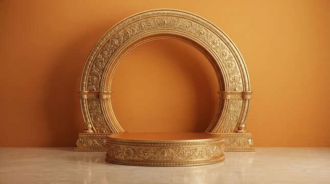 Ornate golden arch podium with detailed floral carvings