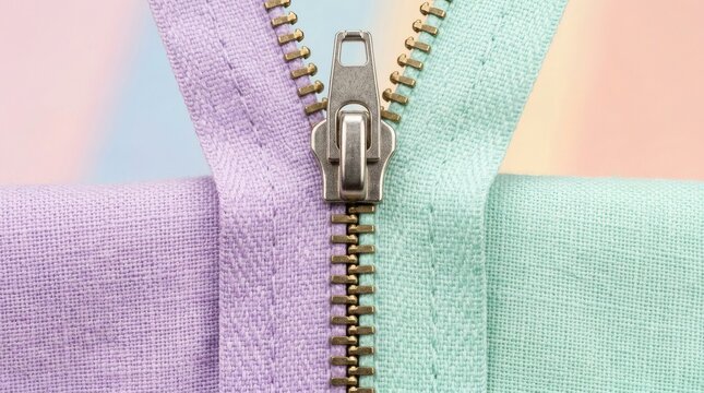 Pastel zipper macro photo, metal zip fastener on purple and mint fabric, sewing background for fashion design
