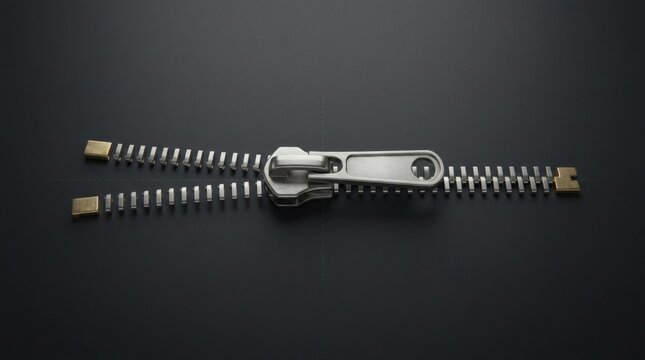 Metallic silver zipper on dark background, open metal zip fastener close up, tailoring detail for fashion design concept