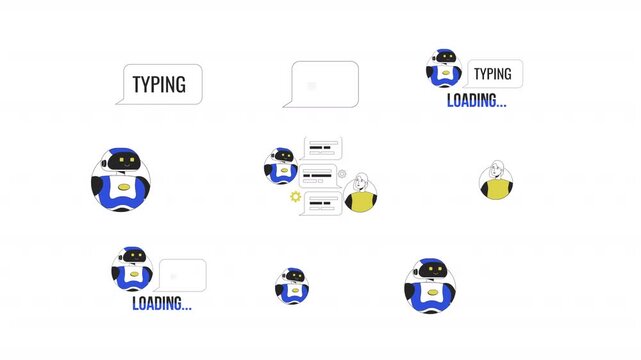 AI chatbot and virtual assistant cartoon animation pack. Automated messaging. Robot conversation bubbles. Typing indicators loading animated flat 4K video collection isolated on transparent background