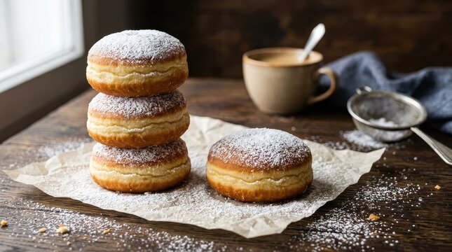 Stack of Freshly Baked Berliner Donuts with Powdered Sugar on a Rustic Wooden Table with Coffee