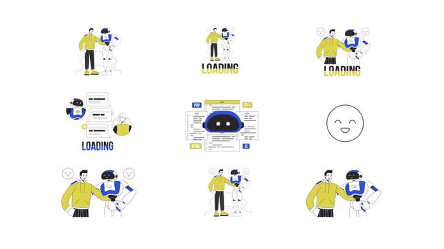 AI robot human collaboration and programming assistant cartoon animation pack. Companionship loading. Artificial intelligence coding partner animated flat 4K video set on transparent background