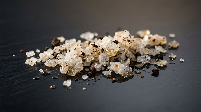 Coarse Sea Salt and Black Pepper Crystals on Dark Background
