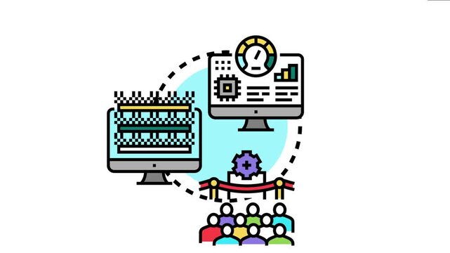 Manufacturing readiness testing concept data analytics on computers, product inspection for quality assessment, and an audience viewing a new production gear icon