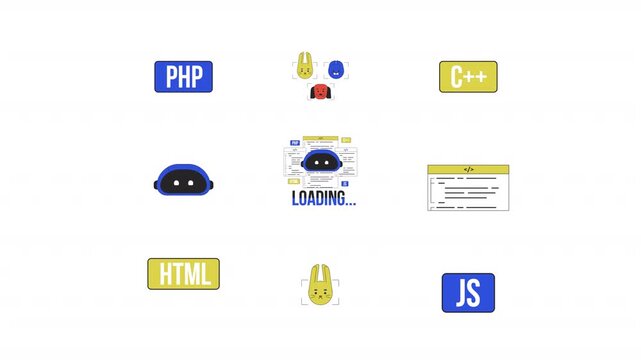 AI technology and coding cartoon animation pack. Animal recognition. Software development. Model training. Programming languages animated flat 4K video collection isolated on transparent background