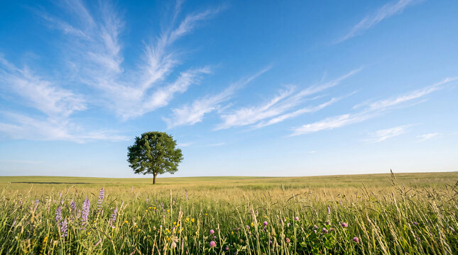 A solitary green tree stands proudly in the middle of a vast grassy field under a bright blue sky with wispy clouds