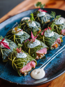 Gourmet stuffed cabbage rolls with meat and creamy sauce