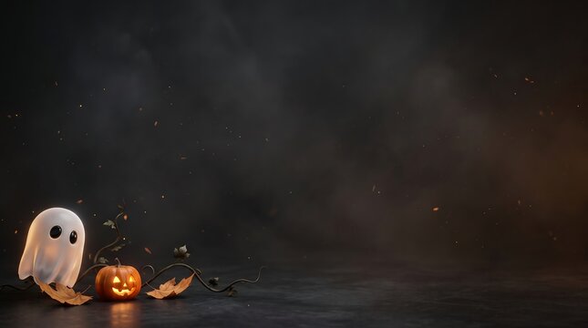 Spooky halloween ghost with jackolantern and autumn leaves on a dark textured background