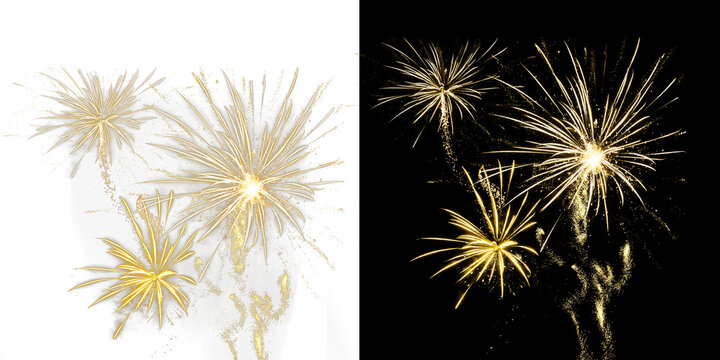 new year's eve, silvester, new year, celebration greeting card - golden firework fireworks pyrotechnic overlay, isolated on black and transparent background png