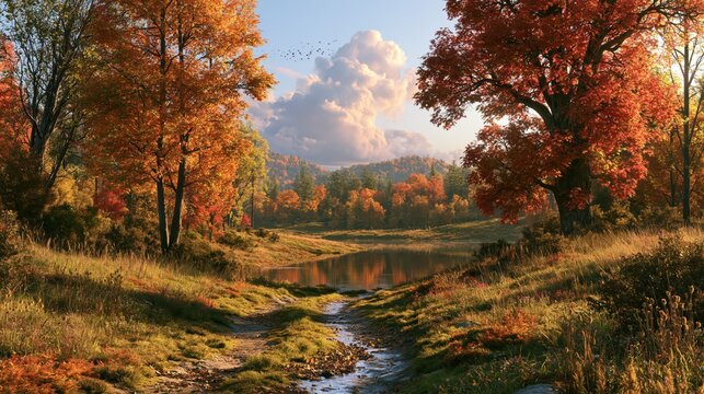 Autumn landscape with vibrant trees a calm lake and rolling hills under a dramatic sky