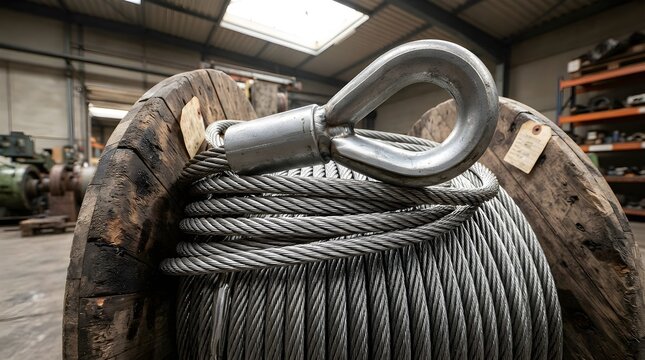  Industrial steel wire rope spool with large metal eye hook on weathered wooden reel, heavy lifting cable, rigging hardware, factory workshop background, and rugged construction equipment product phot