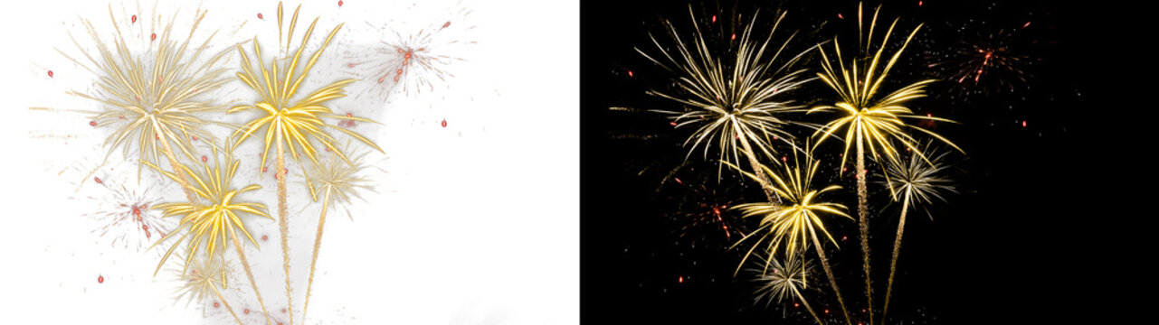 new year's eve, silvester, new year, celebration greeting card - golden firework fireworks pyrotechnic overlay, isolated on black and transparent background png