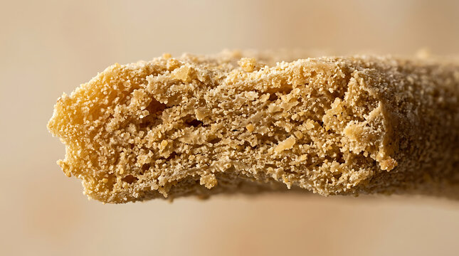 Close-up macro shot of a healthy, crunchy granola bar with a bite mark