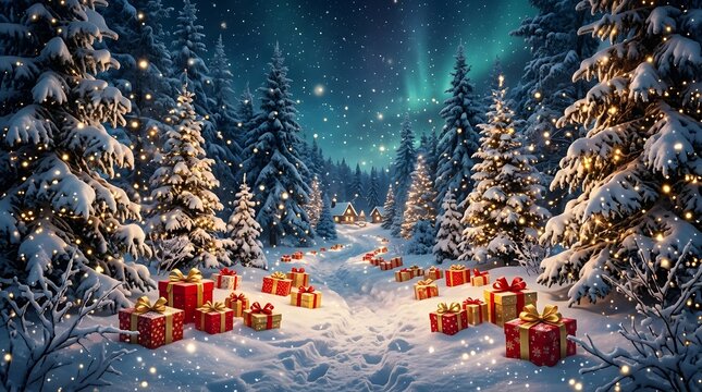 A magical winter wonderland scene with illuminated christmas trees and a pathway of festive gifts