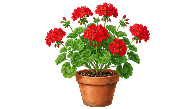 Vibrant red geranium plant in terracotta pot, blooming summer flowers with green leaves, decorative garden floral arrangement isolated PNG with Transparent Background
