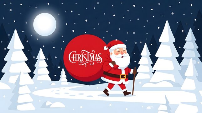 A festive illustration of santa claus walking through a snowy forest wishing everyone a merry christmas greeting