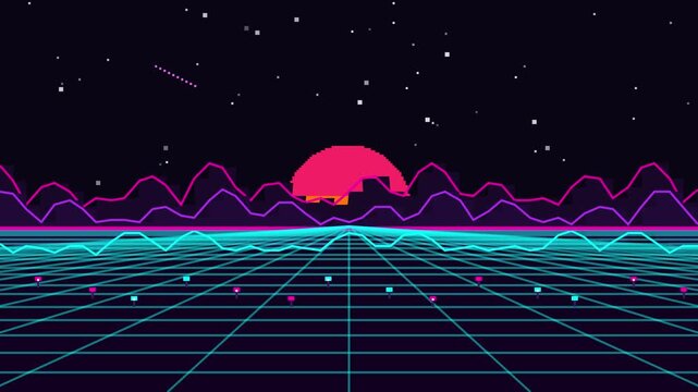Retro synthwave pixel art landscape with neon grid sun mountains and stars motion footage clip for 80s electronic music. 4K Video