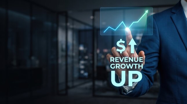 Businessman's finger points to upward trending graph indicating revenue growth during a modern office setting