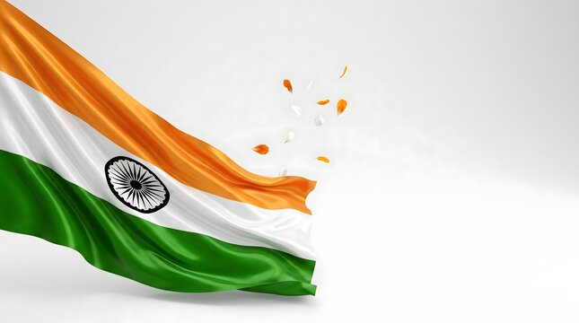 Indian National Flag Waving with Confetti on White Background, Realistic 3D Render