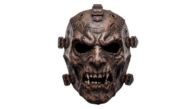 Vintage bronze monster mask with leather straps, scary demon face sculpture, weathered metal horror mask for halloween isolated PNG with Transparent Background