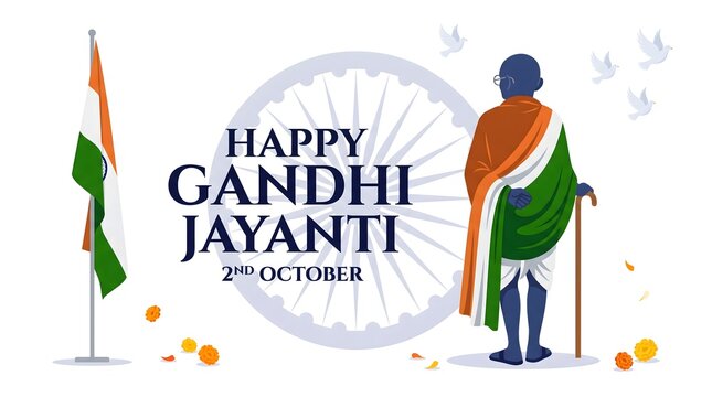 Happy Gandhi Jayanti Banner with Mahatma Gandhi Standing Figure, Indian Flag and Flying Doves