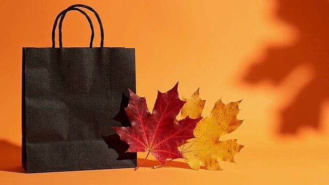 Black shopping bag next to colorful maple leaves in this seasonal fall motion animation video clip