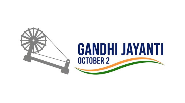 Gandhi Jayanti October 2 Banner with Charkha Spinning Wheel and Indian Tricolor Wave