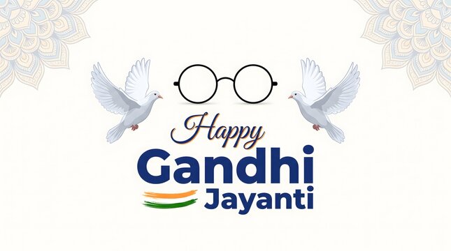 Happy Gandhi Jayanti Banner with Round Glasses, Flying Doves and Indian Mandala Pattern Background