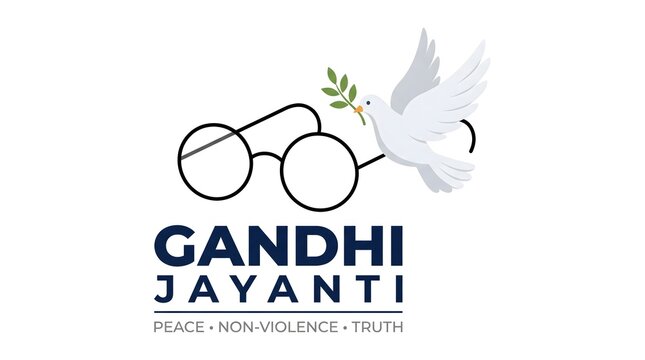 Gandhi Jayanti Logo with Round Glasses, Peace Dove and Olive Branch, Peace Non-Violence Truth Concept