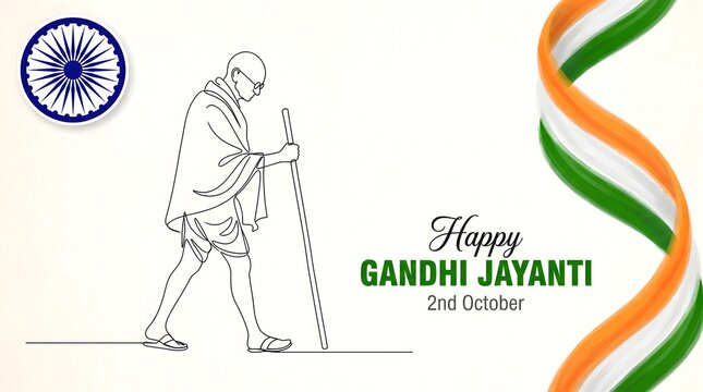 Happy Gandhi Jayanti Banner with Mahatma Gandhi Line Art Walking with Staff, Ashoka Chakra and Twisted Tricolor Ribbon
