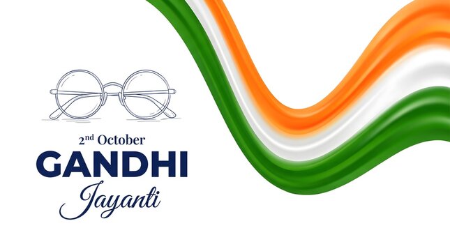 Gandhi Jayanti 2nd October Celebration Banner with Round Glasses and Indian Tricolor Ribbon Wave on White Background